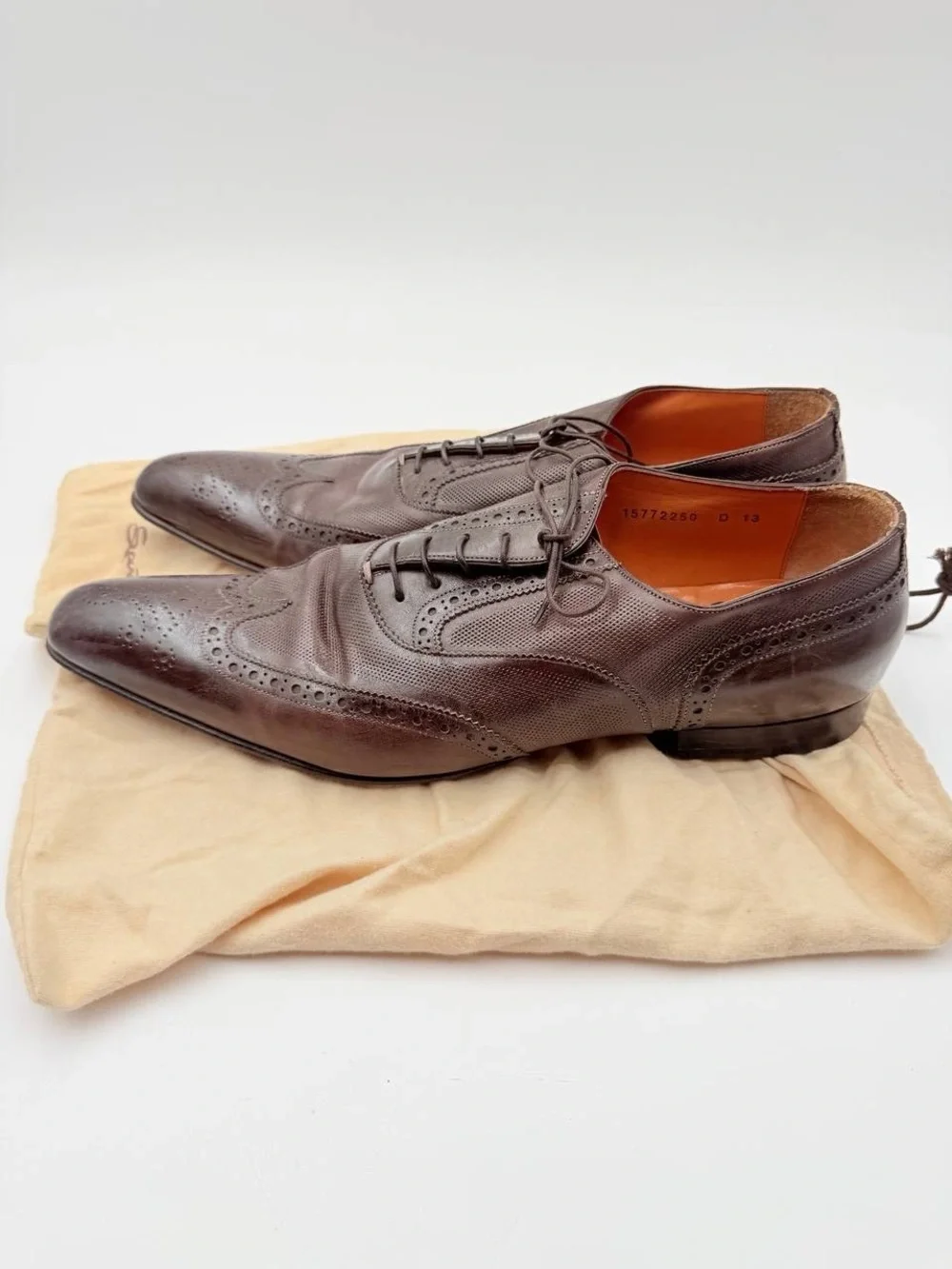Santoni Men’s Brown Leather Wingtip Brogue Oxford Dress Shoes Made in Italy